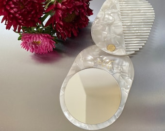 Pearl White Acetate Mirror and Comb Set: Elegant Travel Gift
