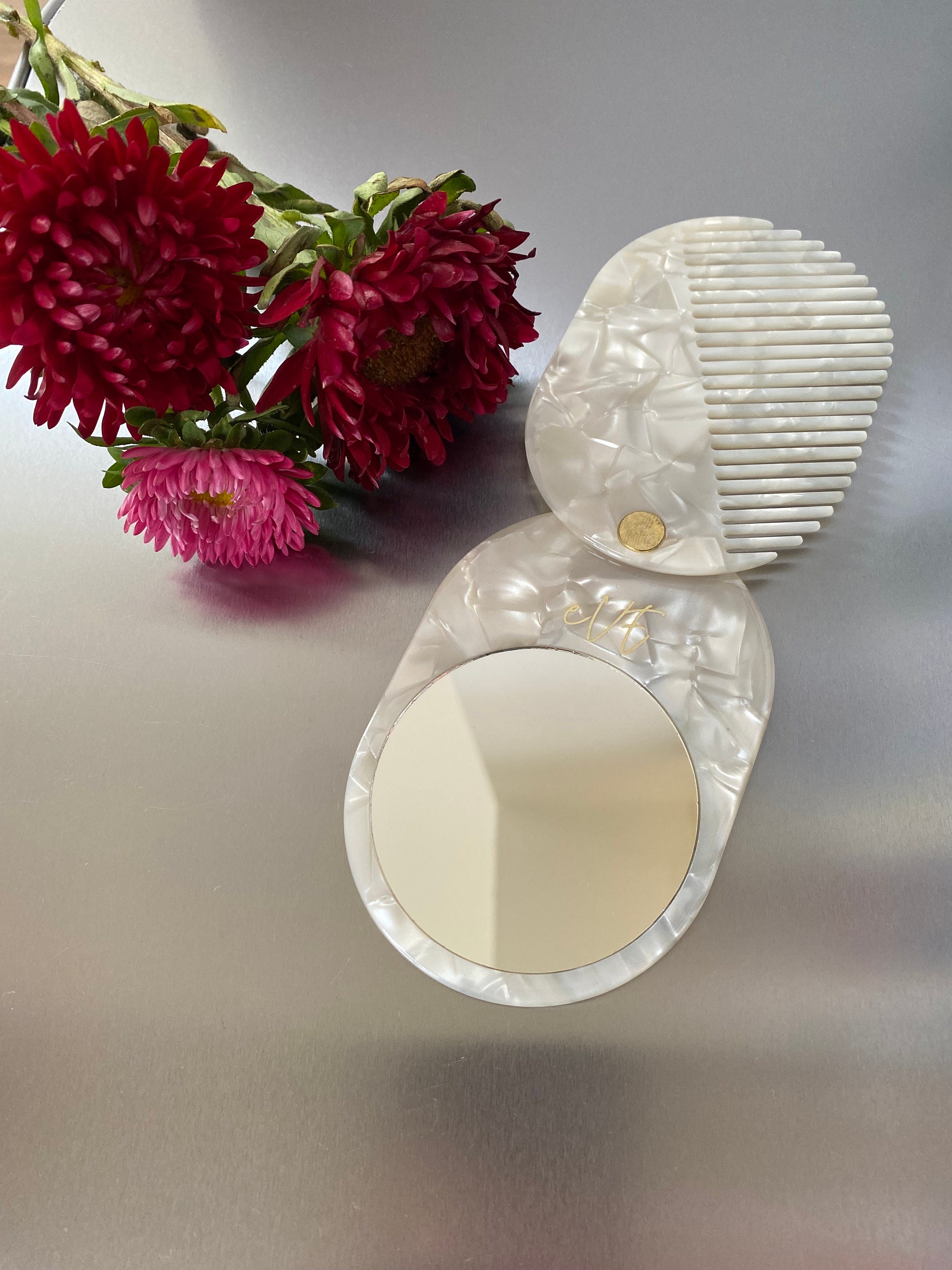 Pearl White Acetate Mirror and Comb Set: Elegant Travel Gift