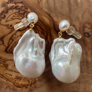 14K Gold Fireball Baroque Pearl Drop Earrings, Genuine Cultured Pearl, Bridal Wedding Jewelry