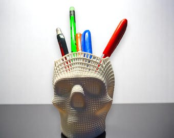 3D Printed Skull Pen Holder: Gothic Office Desk Organizer