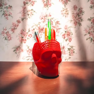3D Printed Skull Pen Holder: Gothic Red Desk Organizer
