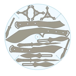 Puede incluir: Una descarga digital de 10 diseños de cuchillos, incluyendo una daga, un machete y un cuchillo de lanzamiento. Los diseños son de color gris y están dispuestos en un círculo sobre un fondo blanco.