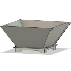 May include: A gray metal fire pit with a square base and a wide, angled opening. The fire pit is designed to sit on a flat surface.