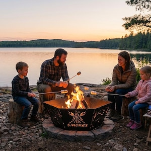 May include: A family roasts marshmallows over a fire pit with the word "S'mores" on it. The fire pit is surrounded by a stone border. The scene is set near a lake at dusk, with the family sitting on tree stumps.