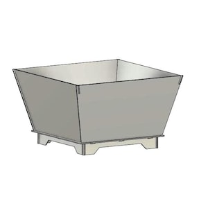 May include: A square metal planter with a wide base and four legs. The planter is made of a light gray metal.