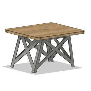 Könnte beinhalten: Ein Holz-Couchtisch mit einer hellbraunen Tischplatte und einem grauen Metallgestell. Das Gestell besteht aus vier Beinen, die durch ein Kreuzmuster verbunden sind.
