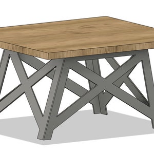 May include: A square wooden table top with a natural wood finish sits on a geometric metal base. The base is made of four intersecting triangles, creating a unique and modern design.