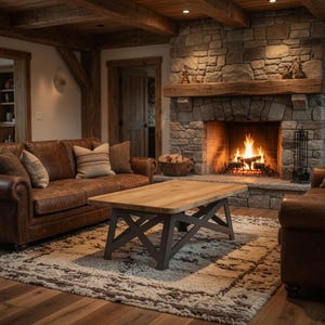 Könnte beinhalten: Ein gemütliches Wohnzimmer mit einem Steinkamin und einem knisternden Feuer. Der Raum verfügt über ein braunes Ledersofa, einen Holztisch und einen gemusterten Teppich. Die Decke hat freiliegende Holzbalken.