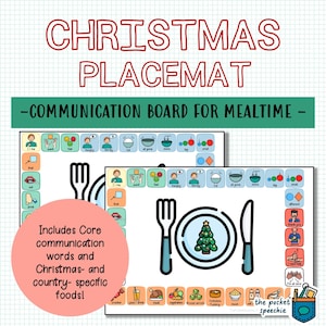 Weihnachten Kinder Tischset DRUCKBARE Kommunikationsbrett AAC Core und Fringe Wörter für Weihnachtsmahlzeit Abendessen Supper