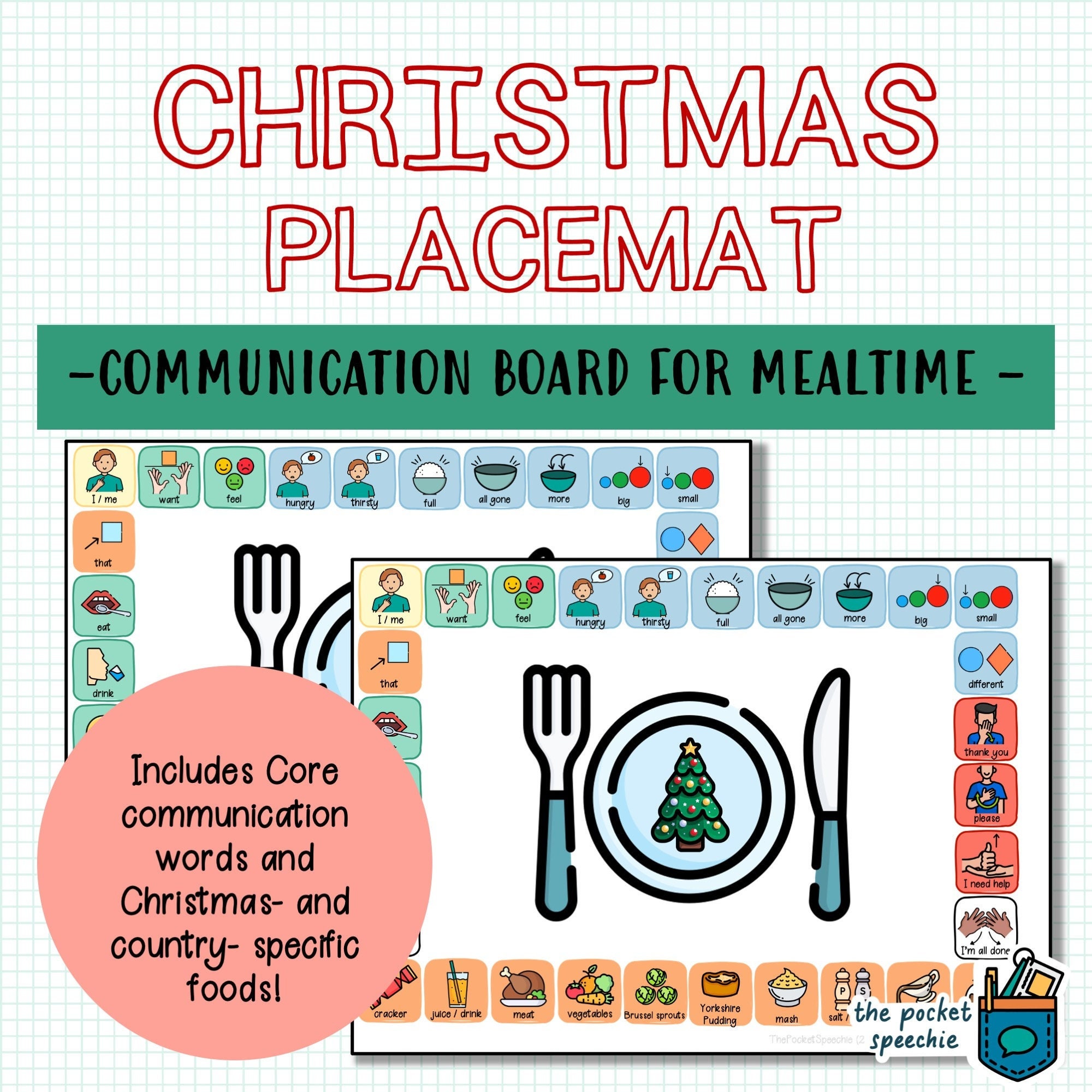 Christmas Kids' Placemat PRINTABLE Communication Board AAC Core and Fringe Words for Christmas Meal Dinner Supper