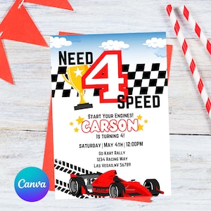 Need 4 Speed Birthday Invitation, Race car Invitation, Speed Racer, 4 year old Birthday Invitation, Racing theme