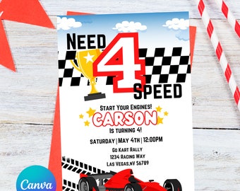 Brauchen Sie 4 Geburtstagseinladung, Rennauto-Einladung, Speed Racer, 4 Jahre alte Geburtstagseinladung, Racing-Thema