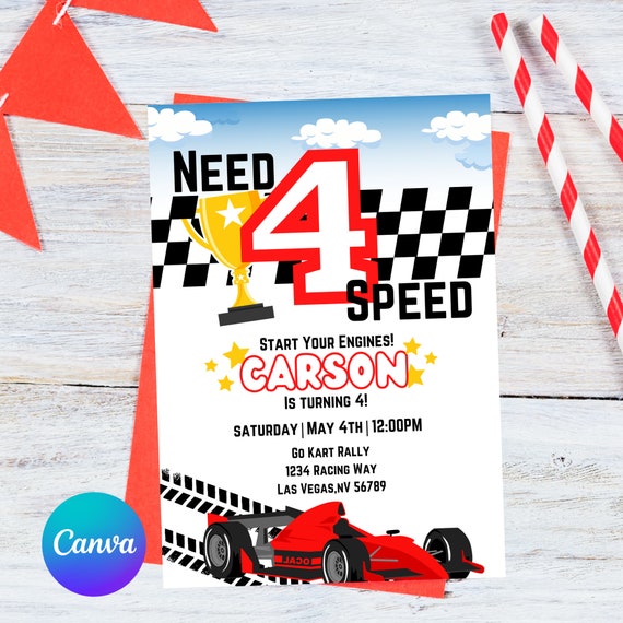 Need 4 Speed Birthday Invitation, Race car Invitation, Speed Racer, 4 year old Birthday Invitation, Racing theme