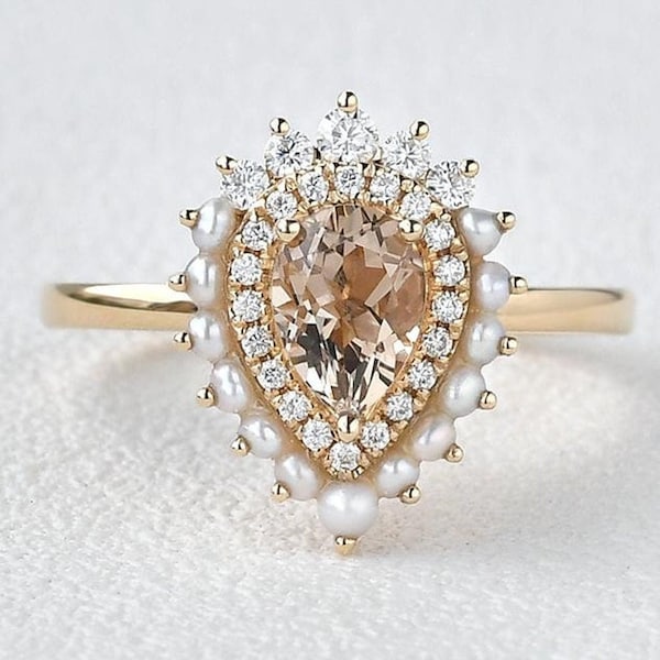 Pear Shaped Morganite Anniversary Ring Delicate Freshwater Pearl Halo Ring Art Deco Personalized Gift Yellow Gold Plated Bridal Jewelry