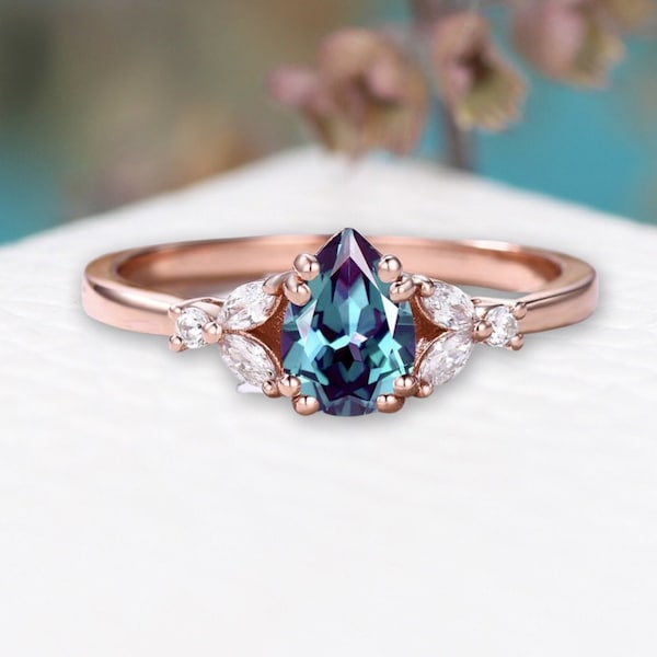 Dainty Pear cut Alexandrite engagement ring14kRose Gold Wedding Jewelry Birthstone June art deco Promise Ring anniversary Gift for Woman