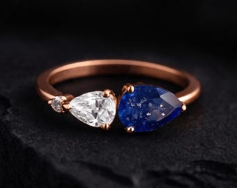 Natural Lapis Lazuli Engagement Ring Vintage Lapis Gold Wedding Ring Antique Moissanite Stacking Ring Alternative Christmas Gift For Her