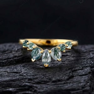 Vintage Moss Agate Wedding Band, Unique Marquise Cut Moss Agate Curved Bridal Band, Women Rose Gold Girl Band, Anniversary Gift For Wife