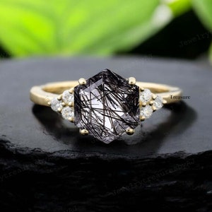Natural Black Rutilated Quartz Ring-Hexagon Shaped Ring 14K Gold-Sterling Silver Ring Wedding Ring Anniversary Ring Women Valentine Gift