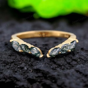 Marquise Cut Moss Agate Wedding Band Women Vintage Half Eternity Rose Gold Proposal Band Statement Women Jewelry Custom Birthday Gift Ring