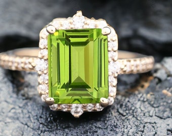 Emerald Cut Peridot Promise Ring 14k Yellow Gold Engagement Ring Green Gemstone Bridal Jewelry Diamond Halo Proposal Ring Birthday Gift Ring