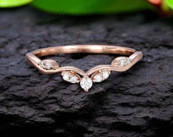 Curved Moissanite wedding band yellow gold vintage unique Marquise band for women Diamond Stacking Matching Bridal Promise Anniversary gift