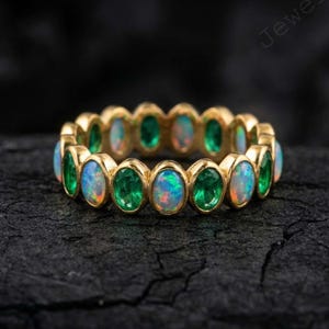 Vintage Oval Opal Emerald Wedding Band, Solid Gold Full Eternity Ring