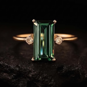 Grön safirbaguettering, stapelbar ring, guldring med blå topas, minimalistisk ring, brudsmycken, födelsestensring, Black Friday-rea