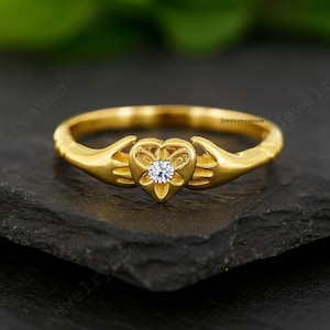 14K Yellow Gold Claddagh ring Hands Clasped Secret Heart Love Friendship Ring Hold Your Hand Gimmel Ring Hands Ring Pinky Love Ring For Her