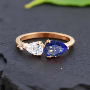 Natural Lapis Lazuli Engagement Ring Vintage Lapis Gold Wedding Ring Antique Moissanite Stacking Ring Alternative Blue Gemstone Gift For Her
