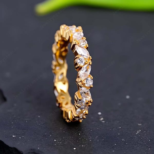Anillo de moissanita talla marquesa, alianza de boda de eternidad completa, alianza a juego para niña, regalo de promesa art déco, joyería nupcial de oro rosa de 14k para mujer