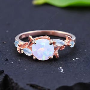 Round Opal Engagement Ring Nature Inspired Moonstone Wedding Ring Cluster Leaf Twig Vine Bridal Wedding Ring Valentine Day Gift For Wife