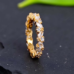 Marquise Cut Moissanite Band Full Eternity Wedding Band Girl Matching Band Art Deco Promise Gift 14k Rose Gold Bridal Jewelry Band For Women