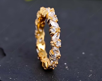 Marquise Cut Moissanite Band Full Eternity Wedding Band Girl Matching Band Art Deco Promise Gift 14k Rose Gold Bridal Jewelry Band For Women
