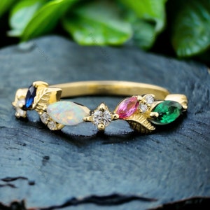 Unique Handcrafted Multi-Gemstone Ring Yellow Gold Birthstones Ring Dainty Family Ring, Marquise Fashion Jewel, Personalized Gift For Mother