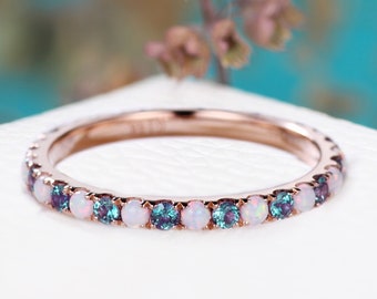 Round cut Alexandrite Opal Full Eternity Engagement Band 14k Rose Gold Vintage Birthstone Jewelry Stackable Anniversary Gift for her