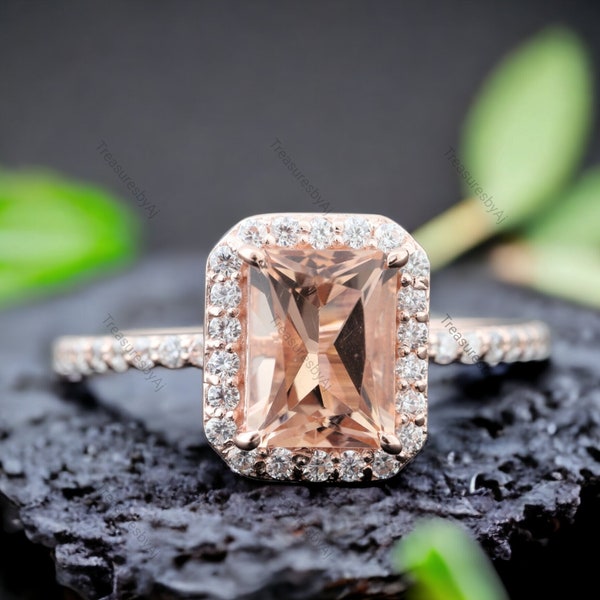 Emerald Cut Morganite Engagement Ring 14K Rose Gold Diamond Ring Peachy Pink Morganite Wedding Ring Christmas Birthday Gift For Daughter