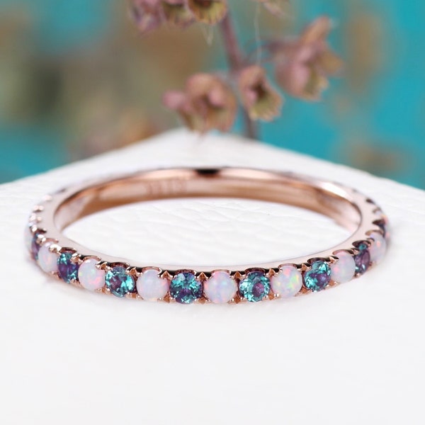Round cut Alexandrite Opal Full Eternity Engagement Band 14k Rose Gold Vintage Birthstone Jewelry Stackable Anniversary Gift for her