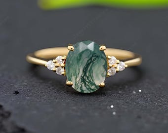 Oval Natural Green Moss Agate Engagement Ring,14k Solid Gold Wedding Ring, Proposal Gift For Her, Anniversary Gift For Wife, Statement Ring