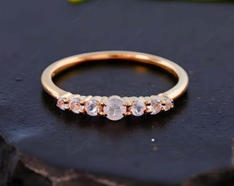 Rainbow MoonStone Half Eternity Wedding Band, 14k Yellow Gold Dainty Stacking Band, Delicate Promise Gift Band Art Deco Girl Matching Bands
