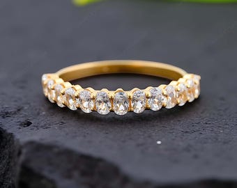 Unique Moissanite wedding band women Oval cut Half eternity band Rose gold wedding band vintage Stacking Matching bridal ring promise ring
