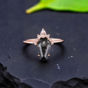 Coffin Shape Black Rutilated Quartz Ring Rose Gold Natural Quartz Ring April Birthstone Diamond Girl Ring Anniversary Gift For Her Birthday