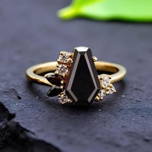 Coffin Black Onyx Engagement Ring Cluter Ring Onyx Gemstone Ring Coffin Women Fine Jewelry Round Cut Diamond Promise Ring Birthday Gift Ring