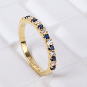 Blue Sapphire Wedding Band Delicate Diamond Stacking Band 10k Yellow Gold Bridal Jewelry Women Half Eternity Gift Band September Birthstone