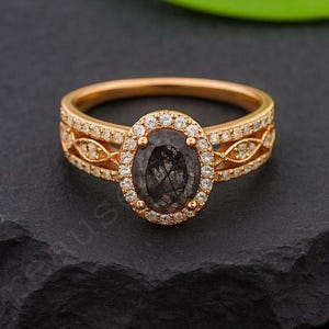 Vintage Black Rutilated Quartz Engagement Ring Set, Bridal Ring For Women Halo Gift Decor Ring, Rose Gold Chevron Enhancer Wedding Ring Set