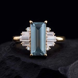 Antique Aquamarine and Moissanite Engagement Ring 925 Sterling Silver, Elegant Art Deco Ring Anniversary Gift Unique Minimalist Engagement