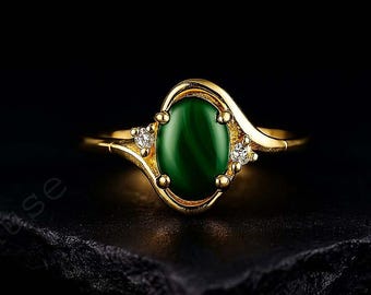 Anillo de compromiso de malaquita ovalada, chapado en oro amarillo, solitario, joyería personalizada para mujer, regalo de aniversario para esposa.
