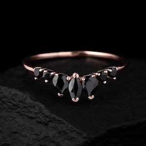 Black Onyx Curved Wedding Band Women Marquise Cut Unique Delicate Bridal Band Art Deco Matching Jewelry Anniversary Birthday Gift For Wife