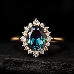 Puede incluir: Anillo de oro con una gema ovalada de color verde azulado, rodeada de piedras claras más pequeñas. El anillo está sobre un fondo negro, resaltando el brillo de las piedras.