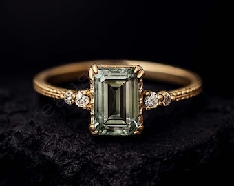 Emerald Cut Green Amethyst Engagement Ring Diamond Bridal Ring Yellow Gold Plated Promise Amethyst Birthstone Ring Birthday Gift For Mother