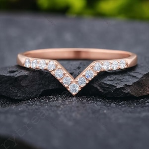 14k gouden diamant Chevron trouwring V-vormige diamant gebogen band verlovingsring gouden band halve eeuwigheid bruids band verjaardagscadeau voor dochter